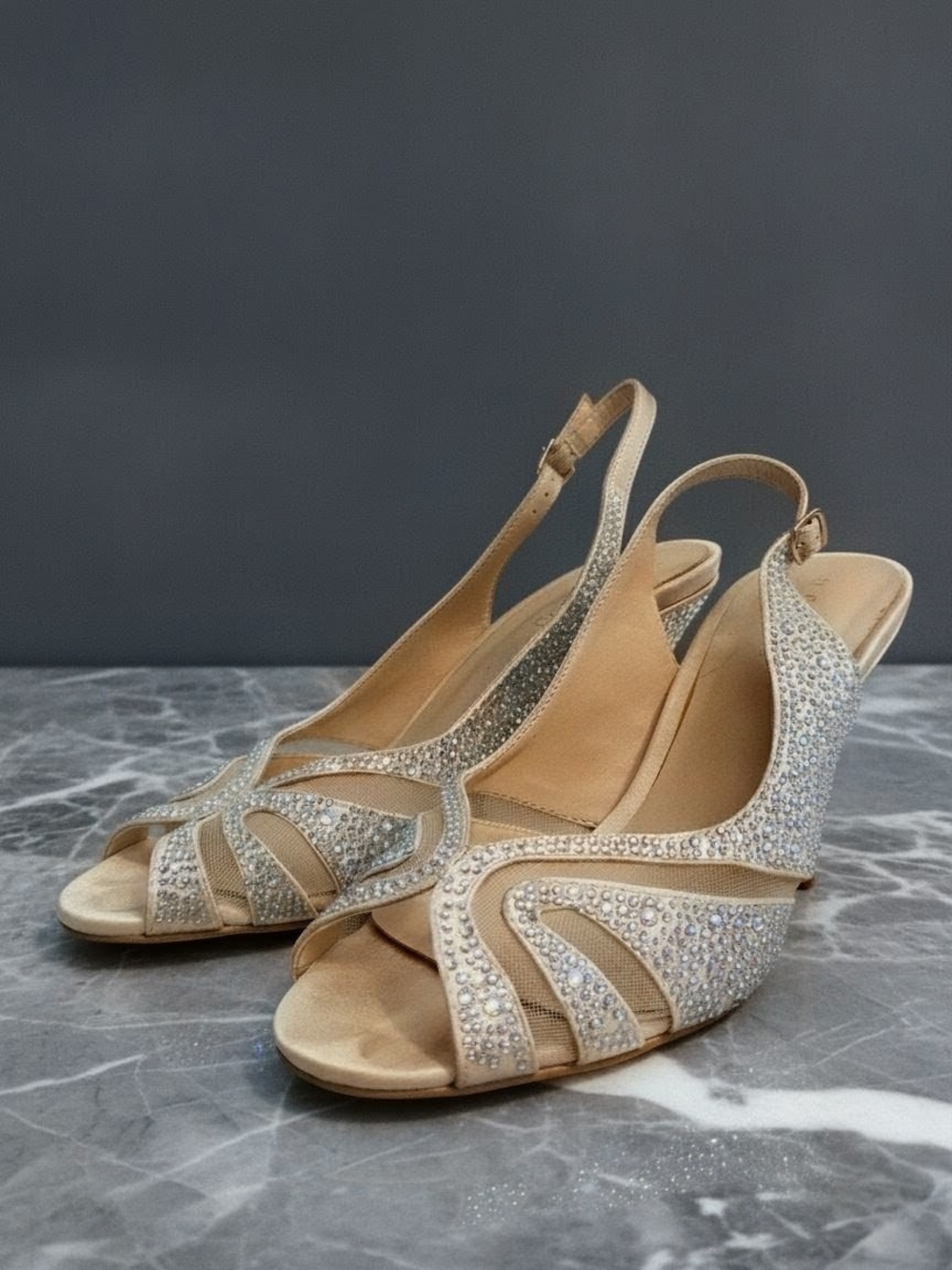 Embellished Nude Slingback Heels with Blue Crystal Accents, Le Chateau